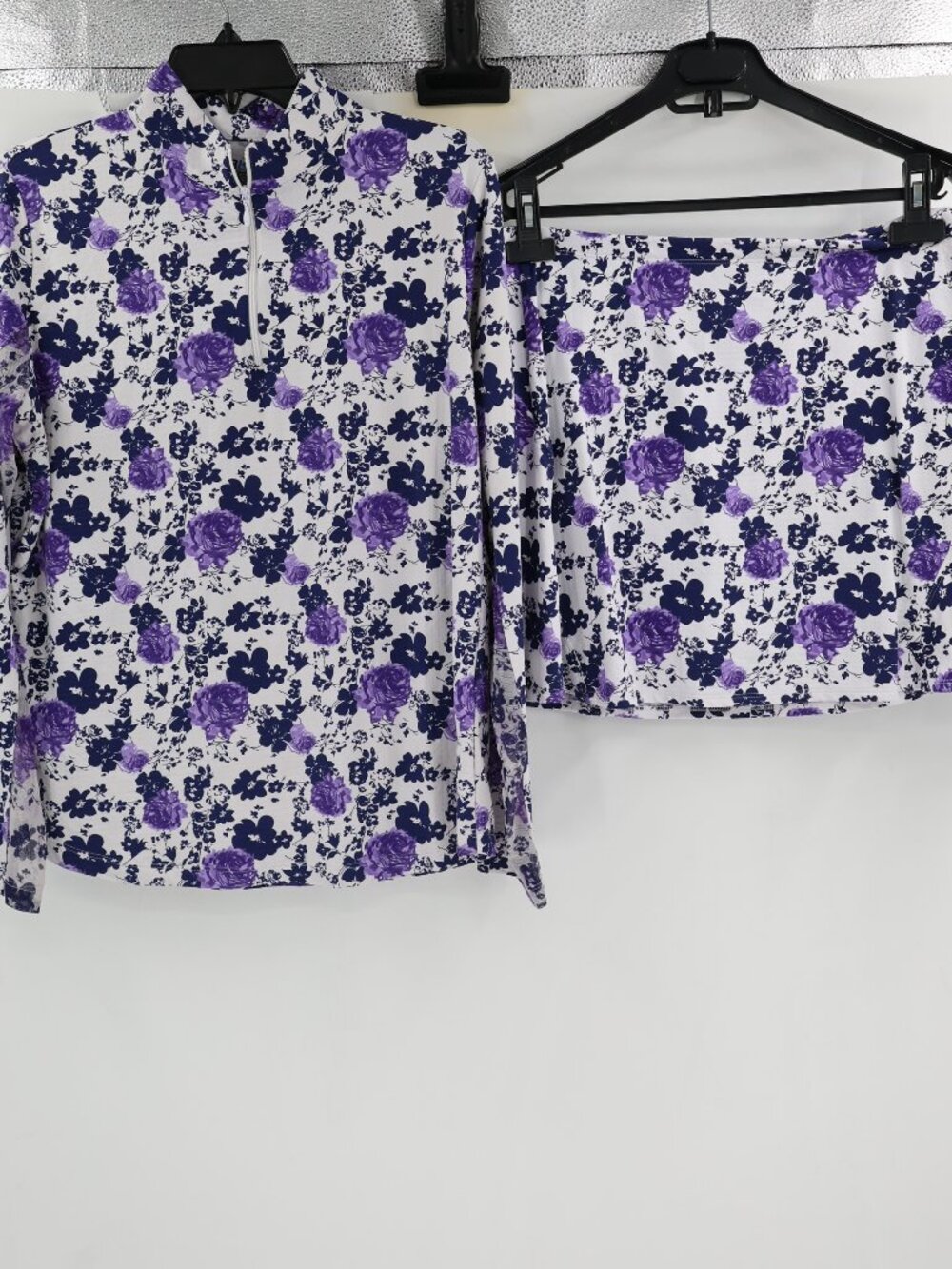 IBKUL Shirt Skort Set Women M/L UPF 50 Long Sleeve 1/4 Zip Floral Golf Tennis